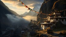 A Remote Village In The Himalayan Foothills, With Prayer Flags, Monasteries, And The Spiritual Ambiance Of The Mountainous Region