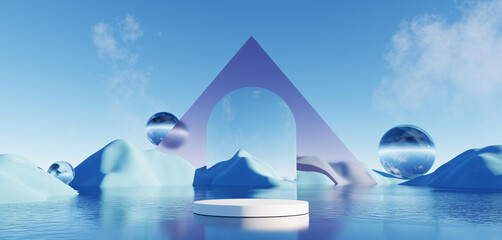 Wall Mural - 3d render, abstract surreal pastel landscape background with arches and podium for showing product, 
