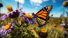 A Stunning Monarch Butterfly Delicately Sipping Nectar From A Wildflower