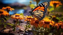 A Stunning Monarch Butterfly Delicately Sipping Nectar From A Wildflower