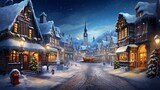Fototapeta Fototapeta Londyn - a traditional mountain village in the midst of a snowy winter, with snow-covered roofs, festive lights, and the cozy ambiance of holiday season