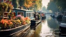 A Tranquil Canal Lined With Historic Houseboats, Each With Its Own Character