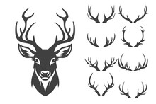 Vector Christmas Reindeer Horns, Antlers. Deer Horn Silhouettes. Hand Drawn Deer Horn, Antler Set. Animal Antler Collection. Design Elements Of Deer. Wildlife Hunters, Hipster, Christmas Concept