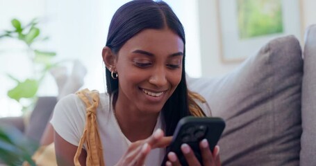 Poster - Woman, couch and relax with phone for funny communication, social media scroll and networking at home. Young african person on mobile with chat, internet search and meme or subscription on her sofa