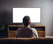 Man in a sofa staring at a TV on a wall with transparent texture. Concept of streaming, binge watching and screen time.  Shallow field of view.