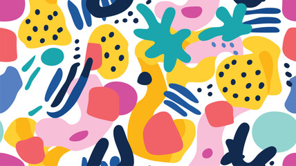 Abstract modern art seamless pattern with colorful freehand doodles. Organic flat cartoon background, simple summer shapes in bright childish colors.