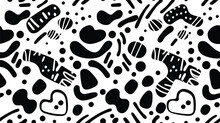 Abstract Organic Shape Seamless Pattern With Black And White Geometric Doodles. Flat Cartoon Background, Simple Random Shapes Print Texture