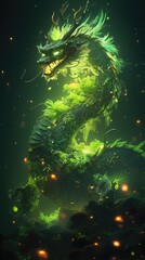 Wall Mural - A green dragon with glowing eyes is in the air