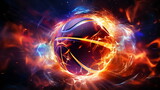 Fototapeta Fototapety sport - Fiery Basketball In Flames, neon lines basketball light background arena. Futuristic sports concept. Generative AI