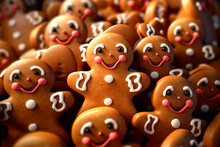 Gingerbread Men Background.  Christmas Homemade Gingerbread Cookies. Template For Packaging, Cover, Design, Advertising.