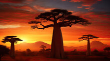 Illustration With The Sunset In A Baobab Forest With Hills Illuminated By The Setting Sun On The Background.