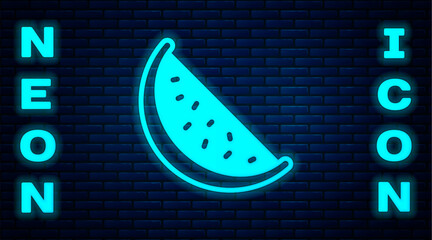 Sticker - Glowing neon Watermelon icon isolated on brick wall background. Vector