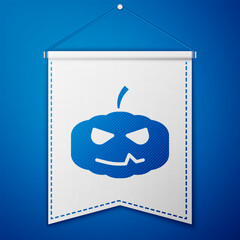 Wall Mural - Blue Pumpkin icon isolated on blue background. Happy Halloween party. White pennant template. Vector