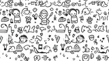 Fototapeta Młodzieżowe - Funny black and white children doodle icon seamless pattern. Cute happy kid drawing symbol wallpaper print, education conept background illustration texture.