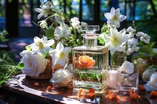 Spring Summer Perfume Bottle With Growing White Daffodils, Roses And Tuberose On The Table. Luxury Women's Perfumes And Aromatherapy. Copy Space