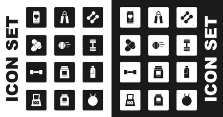 Sticker - Set Dumbbell, Tennis ball, Sports nutrition, Mobile with heart rate, expander, Fitness shaker and icon. Vector