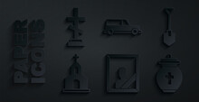 Set Mourning Photo Frame, Shovel, Church Building, Funeral, Hearse Car And Grave With Cross Icon. Vector