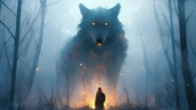 A Person Standing In Front Of A Wolf In The Woods