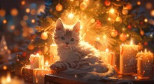 A White Cat Sitting In Front Of A Christmas Tree