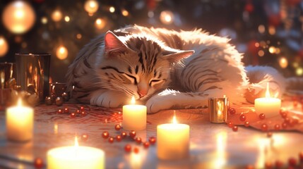 Poster - A cat laying on a table next to candles