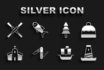 Sticker - Set Swiss army knife, Beanie hat, Lighthouse, Viking ship Drakkar, Church building, Tree, Oars or paddles boat and Fish icon. Vector