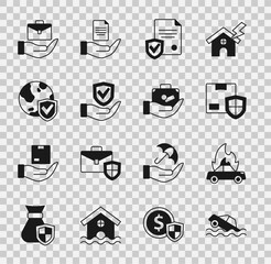 Wall Mural - Set Flood car, Burning, Delivery security with shield, Contract, Shield hand, world globe, Hand holding briefcase and Travel suitcase icon. Vector