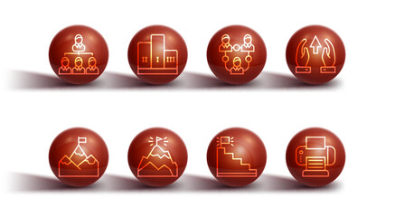 Sticker - Set line Hierarchy organogram chart, Mountains with flag, Growth and progress, Stair finish, Award over winner podium, Printer and Project team base icon. Vector