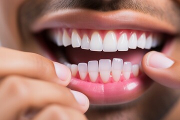 Wall Mural - A man brushing her teeth with a brush, closeup, healthy teeth closeup, teeth closeup, teeth closeup, women healthy teeth closeup