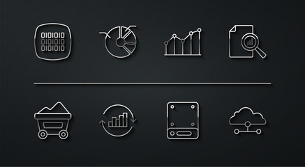 Poster - Set line Binary code, Coal mine trolley, Document with graph chart, Server, Pie infographic, Network cloud connection and icon. Vector