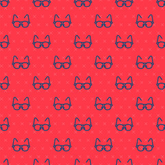 Poster - Blue line Glasses icon isolated seamless pattern on red background. Eyeglass frame symbol. Vector