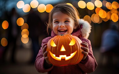 Cute girl holding a jack-o-lantern at Halloween