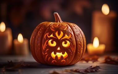 Wall Mural - Halloween jack-o-lantern on a table around candles