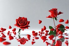 3D Scene Of A Red Rose Against A White Background, Emphasizing The Universal Representation Of Love And Passion Through The Vivid Red Color. 
