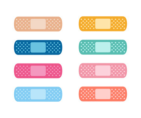 first aid band plaster strip, medical patch icon set. first aid bandages icon set in different color