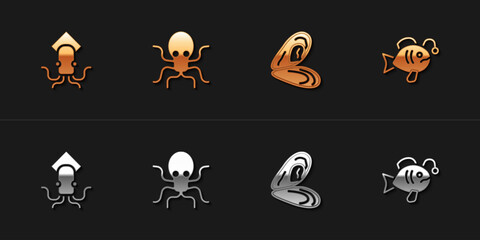 Sticker - Set Octopus, , Mussel and Tropical fish icon. Vector