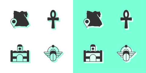 Sticker - Set Egyptian Scarab, Map of, house and Cross ankh icon. Vector