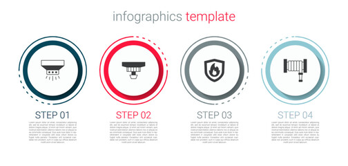 Sticker - Set Fire sprinkler system, Smoke alarm, protection shield and hose reel. Business infographic template. Vector