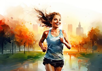 Wall Mural - A girl runs along the road in a city park. Young athlete. People's activity. Design for sports. Digital art in watercolor style. Illustration for cover, postcard, card, interior design, decor or print