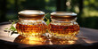 Honig im schönen Designer Glas mit Sonnenstrahlen in der Natur im Querformat für Banner, ai generativ