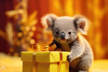 Cute Baby Koala Bear With Christmas Gift Boxes On Yellow Background