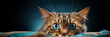 Süsse Katze ganz nah mit großen blauen Augen glubbscht neugierig verspielt im Querformat für Banner, ai generativ