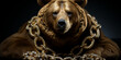 Riesiger brauner Bär mit viel Geld Gold und Münzen an der Börse im Querformat für Banner, ai generativ