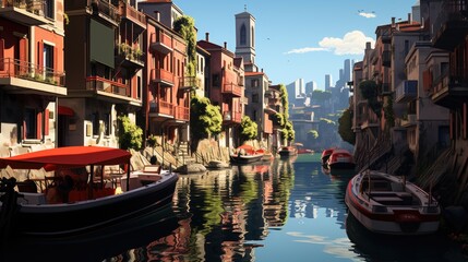 Wall Mural - A canal with boats and buildings in the background, AI