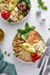 Healthy high protein lunch bowls, vegan and chicken options