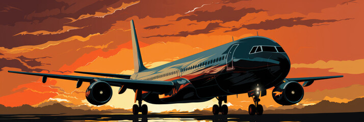 Wall Mural - A large airplane is on the runway at sunset, AI