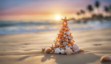 Small Seashell Christmas Tree On The Beach With Copy Space