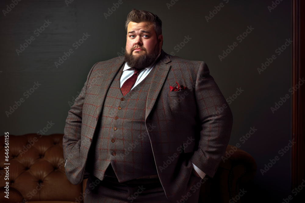 Fat chubby man with a beard in a three-piece suit on dark studio ...