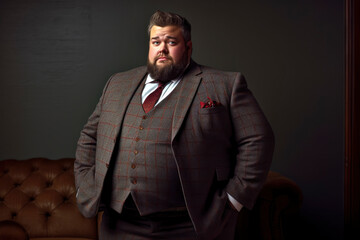 fat chubby man with a beard in a three-piece suit on dark studio background, expensively dressed oli