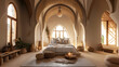 Inside cozy moroccan inspired sandstone bedroom with natural woven baskets