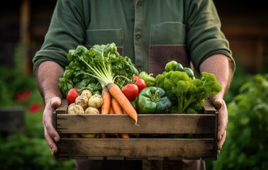 Man farmer with basket full of fresh vegetables in his hands. Agriculture and gardening concept. Bio products grown by yourself, vegetarians. Autumn harvest and healthy organic food